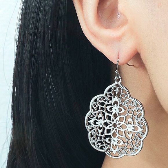 Any 4/$25! Silver Open Work Statement Drop Earrings - Picture 1 of 7